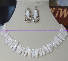 Beautiful genuine Freshwater White Pearl Biwa baroque Pearl Necklace + Earrings picture