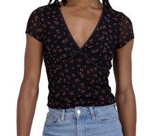 Aeropostale Women's Black with Floral Print Mesh V-Neck Crop Top - L (10-12) picture