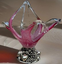 Amazing Vintage Murano Pink Glass Silver Base Basket Sculpture picture