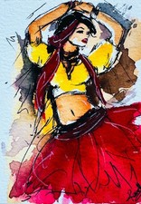 ACEO Watercolor Painting Woman in Red Skirt Yellow Top Fashion Figure Art Modern picture