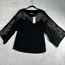 Chicos Travelers Top Womens 1 Medium M Black Floral Embroidered Blouse Shirt New picture