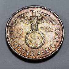 1938-A German Third Reich 2 Mark .1608 ASW UNC - KM93 - Rainbow Toning - Q4577 picture