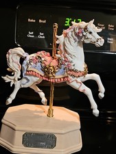 Carousel Horse  White Floral Painted Porcelain on Wooden Base. Rotating Musical. picture
