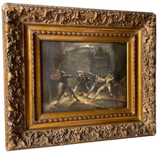 MUSKETEER DUEL BY MOONLIGHT - ANTIQUE OIL PAINTING 19th CENTURY - SIGNED LOMBARD picture
