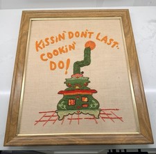 Large Vtg 1970s Crewel Embroidery Retro Kitchen Wall Art Folk Art Framed 23.5” picture