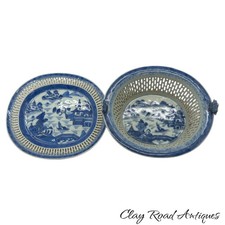 antique Chinese export canton reticulated  basket bowl & plate blue white 1800 picture