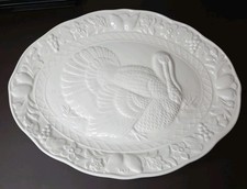 Boston Warehouse Trading White Embossed Ceramic Turkey Platter 18” x 14” Japan picture