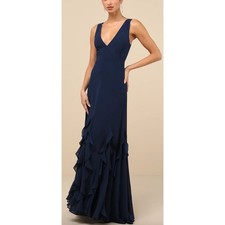 NWT Lulus Alorna Dark Navy Sleeveless Ruffled Maxi Dress Sz L picture