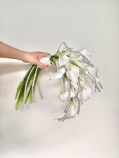 White Calla Lily Bridal Bouquet Cascading Real Touch Wedding Flower Pearl Accent picture