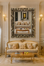 Ornate Hand-Carved Silver Accent Wall Mirror – Solid Wood and Resin Frame picture