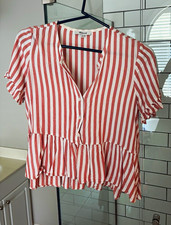 Madewell Pink/White Striped V-Neck Button Peplum Puff Sleeve Blouse M picture