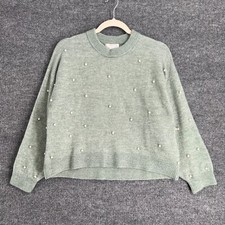 H&M Pearl Beaded Sweater Womens Small Sage Green Cropped Embellished Boxy New picture