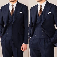 Navy Blue Pinstripe Men Suit Waistcoat 3 Piece Business Wedding Groom Formal picture