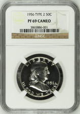 :1956-P 50C Franklin Half Dollar NGC PF69 Cameo Type 2 High Relief Eagle Rare R3 picture