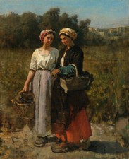 stunning oil painting handpainted on canvas-Two young women picking grapes picture