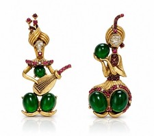 Rare Vintage Signed Figural Dancer Earrings Green Cabochon Gold Tone Pair picture