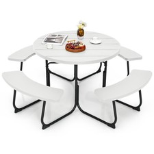 Outdoor 8-person Round Picnic Table Bench Set w/ 4 Benches & Umbrella Hole White picture