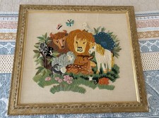 Vintage 1970’s Embroidery Crewel Peaceable Kingdom Jungle Art Completed & Framed picture