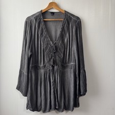 Torrid Babydoll Top Bell Sleeve Crinkle Gauze Mineral Wash CharcoalBlack 1X Boho picture