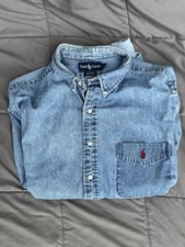 Vintage 90s Polo Ralph Lauren Big Shirt Mens XL Denim Blue Red Pony Button Down picture