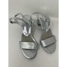 David Tate Silver Metallic Block Heel Ankle Strap Sandals Shoes Womens 9 Wide picture
