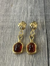 Vintage GIVENCHY Molten Gold Tone Drop Earrings Red Amber Cabochon Signed  picture