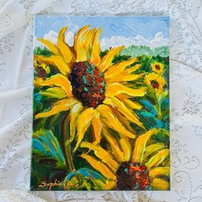 Sophie Dare, Original Art, 11X14 Acrylic canvas Sunflowers with Neons and Teal picture