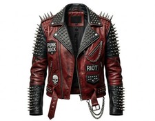 Men's Punk Rock Studded Leather Jacket - Red Black Spiked Skull Biker Motorcycle picture