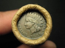 OLD COPPER PENNY ROLL VF 1886 INDIAN HEAD & 1907 INDIAN CENT END COINS LOT 12in picture