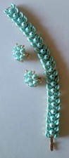 Trifari Vintage Signed Blue Floral Bracelet & Clip-On Earrings Jewelry Set picture