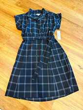 Calvin Klein Women's Black/White Plaid Collared Button Shirt Dress Belted 10 picture