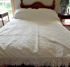 Antique Irish Whitework Double Bed Quilt Fringed Heavy Cotton Handmade picture