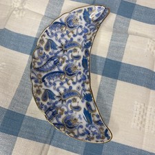 Vintage Lefton China Blue & Gold Paisley Crescent Bone Dish picture