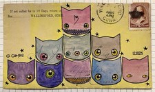 original ink watercolors pop surrealism 1886 sent mail 9 cats cat kitten art picture