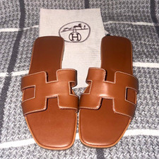 Hermès Women’s Brown Leather Logo Slide Sandals Slip-On Open Toe EU 38 US 7.5 picture