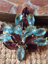 Stunning Vintage Brooch Aqua Blue Purple Amethyst Colored Marquis Unsigned... picture