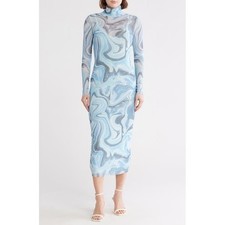 AFRM Shailene Mesh Midi Dress Blue Marble Swirl Turtleneck Bodycon Size S picture