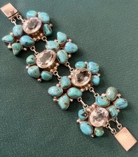 MAGNIFICENT HUGE SOUTHWEST TURQUOISE & CRYSTAL BEADS STERLING SILVER BRACELET picture