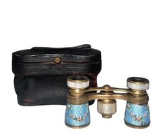 RARE Vintage Lemaire Paris Opera Glasses Binoculars Blue Enamel Brass with Case picture