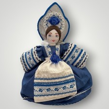 Russian Tea Cozy Doll Traditional Folk Dress Kokoshnik Vintage Blue Floral 13in picture