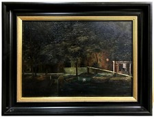 MYSTERY OIL/PANEL Dutch ~ CANAL BARGE, AMSTERDAM ~ Night Scene ANTIQUE PAINTING picture