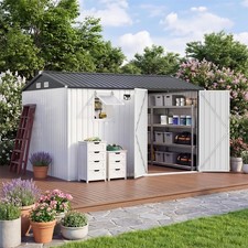 10X8Ft Outdoor Storage Shed with Pushable Window - LED Lamp, Pegboard, Metal Gar picture
