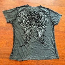 Y2K Distressed Felt Wing Graphic V-Neck T-Shirt Faded Grey Large picture