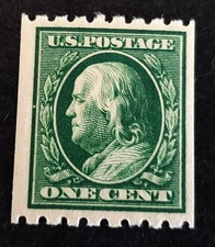US Scott #390 Green 1910  1cent Benjamin Franklin Coil OGLH,  picture