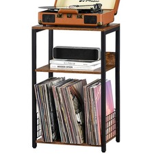 3-Tier End Table & Record Player Stand, Vinyl Storage for 100 Albums, Brown Shel picture
