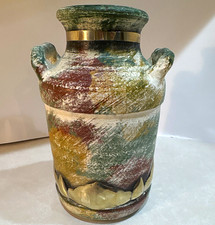 VTG  Rustic Ceramic Pottery Jug Ewer Vase Distressed multicolored w/ silver band picture
