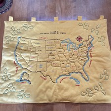Vintage Handmade Embroidered Fabric Wall Hanging Map of the U.S. - Folk Art picture