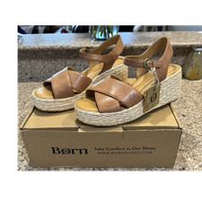 Børn Women’s Brown Leather Wedge Espadrille Strappy Sandals Ankle Strap 10M picture