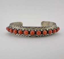 Lorenzo James Navajo Sterling Silver Red Coral Stamped Row Cuff Bracelet picture