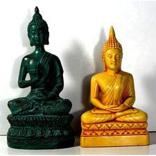2 Thai Sitting Buddha Statue Home Decor Verdigris Blue Green Finish Asian Yellow picture